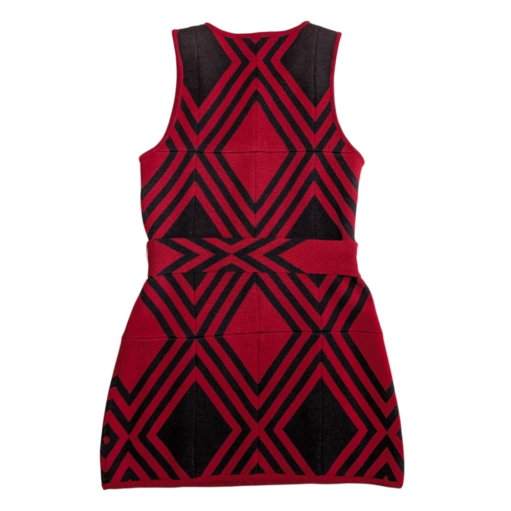 Alice + Olivia Geometric Wool Sweater Dress | Red Black | Belted Waist | Size M - Picture 3 of 9